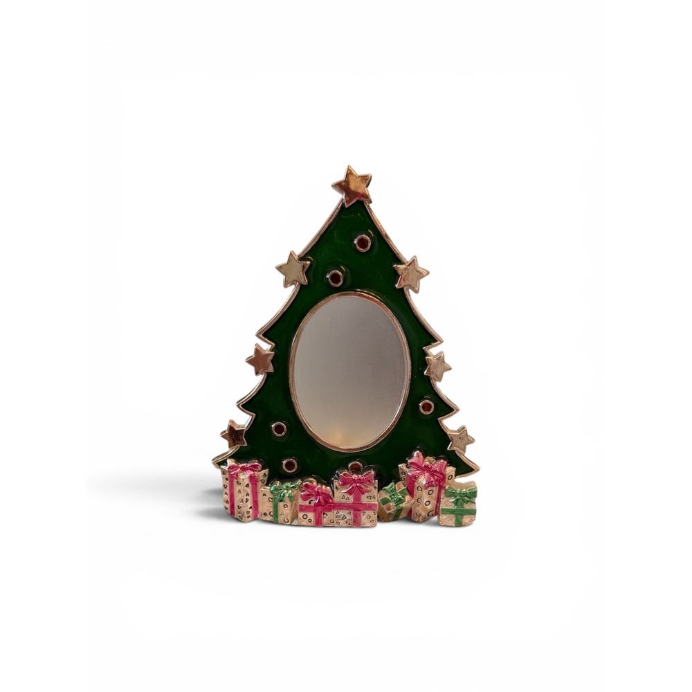 Christmas Tree Tealight Candle Holder Mirrored Green Gold Enamel Holiday Decor